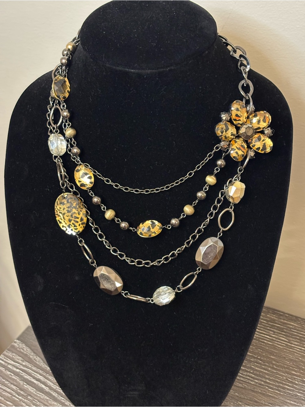 New York & Company Multi Strand Statement Necklace Floral Gold Black 16”